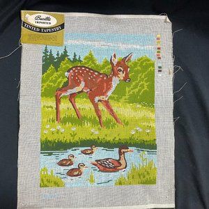 Vtg Bucilla Needlepoint Canvas Tapestry Unfinished Fawn Deer 60195